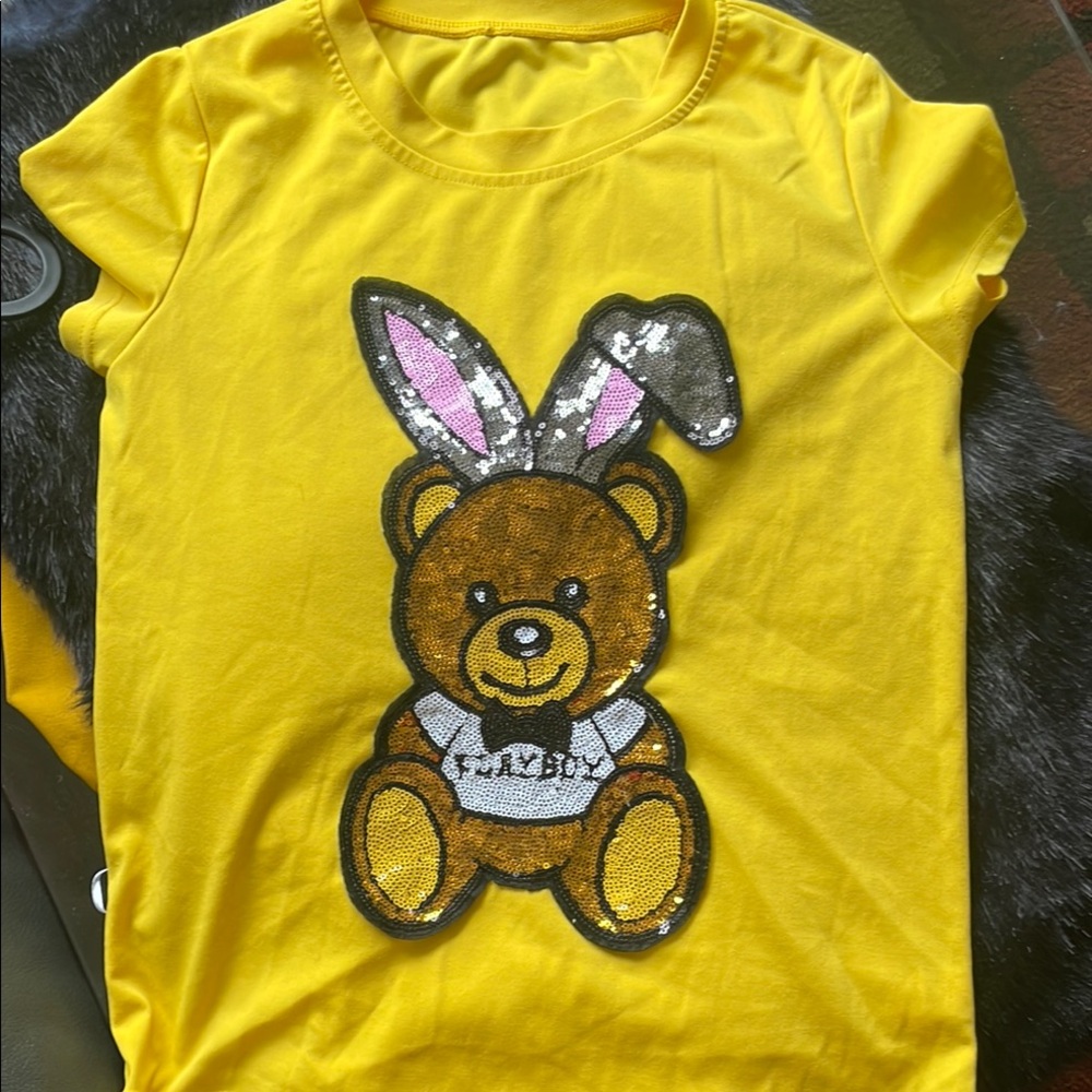Yellow T-Shirt with Sequin Bear Design